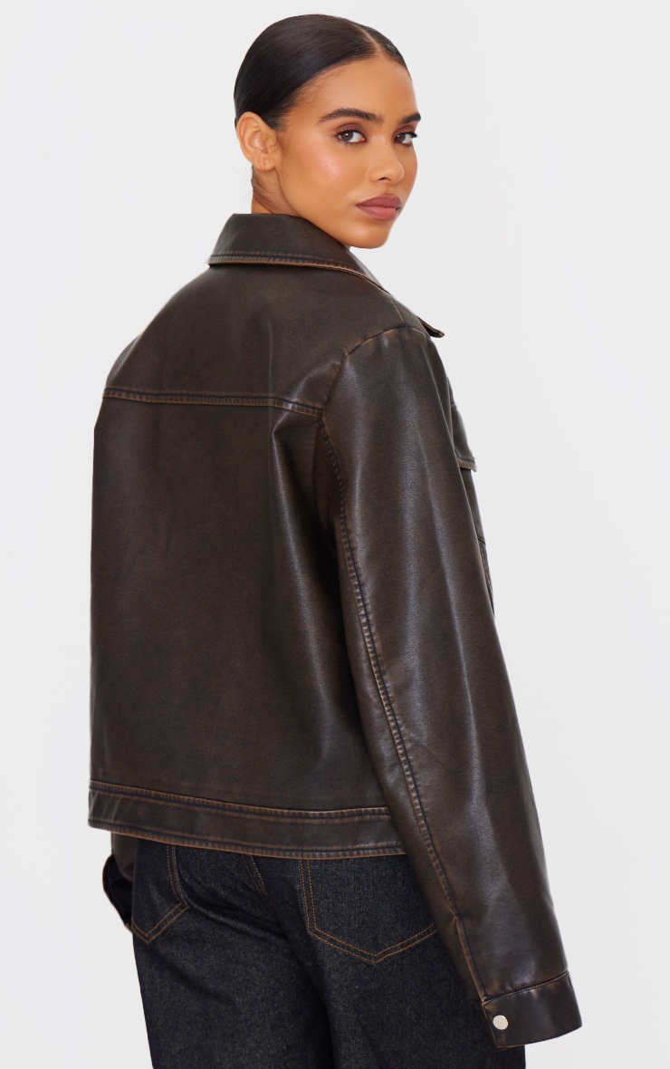 Washed Brown Faux Leather Brushed Seams Biker Jacket image 2