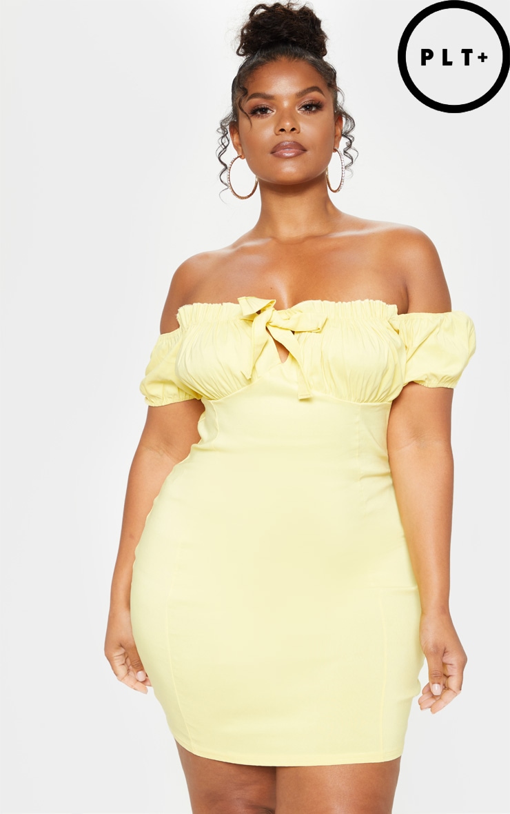 Plus Lemon Yellow Cargo Bardot Cup Detail Bodycon Dress image 1