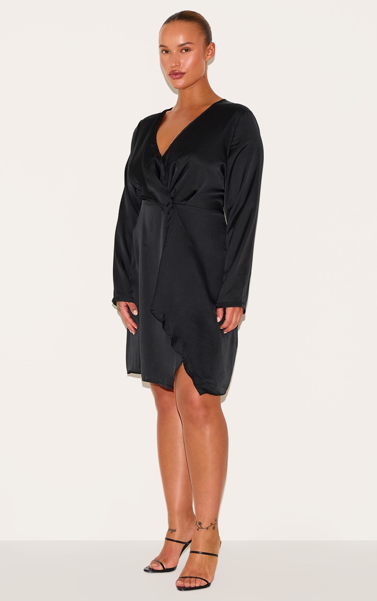Plus Black Satin Long Sleeve Wrap Dress image 3