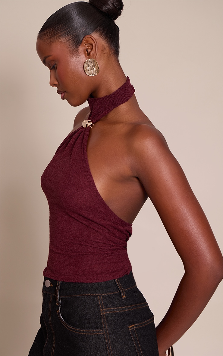 Burgundy High Neck Cuff Detail Knitted Top image 4