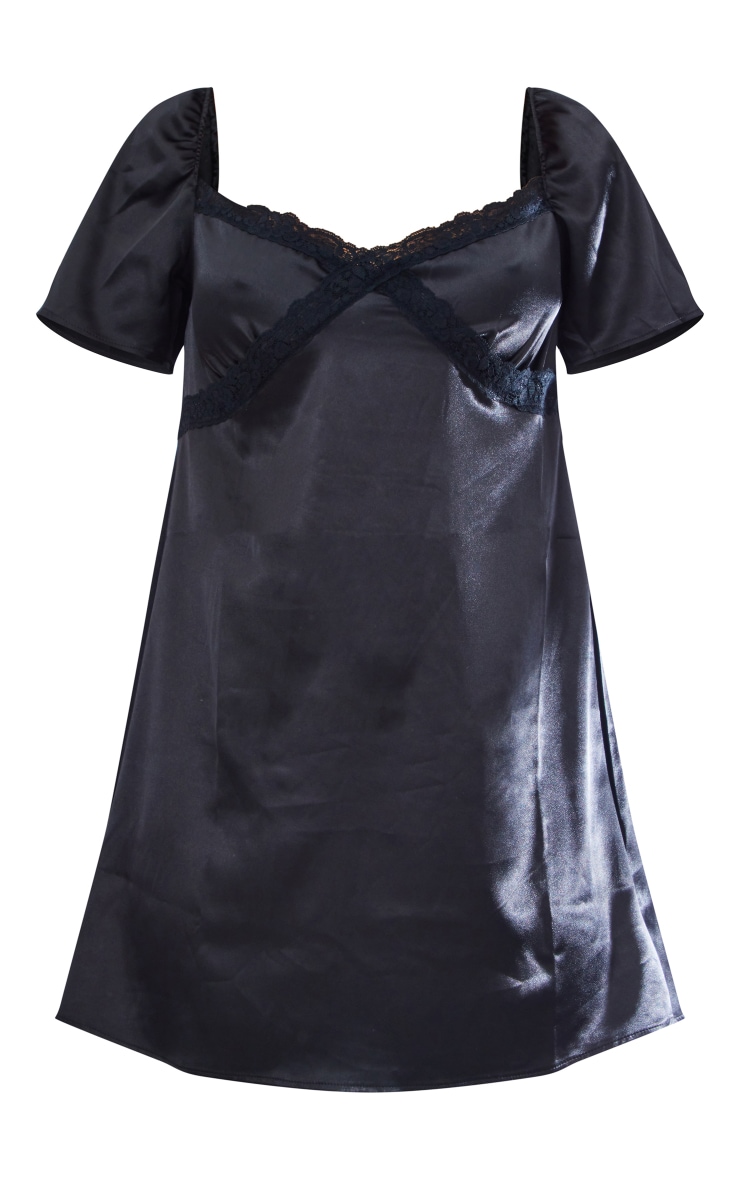 Black Satin Lace Detail Cap Sleeve Shift Dress image 5