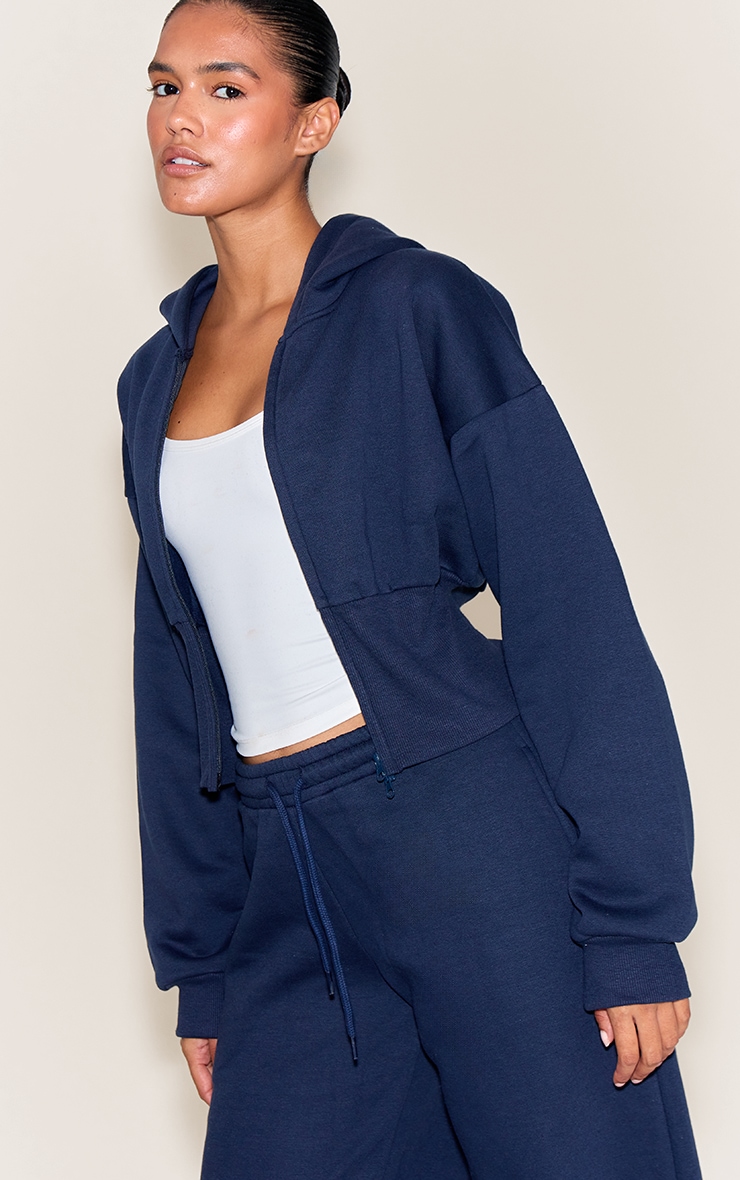 Navy Cinched Cropped Zip Up Hoodie image 1