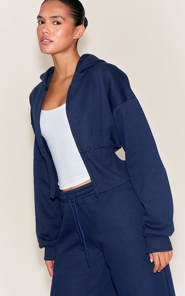 Navy Cinched Cropped Zip Up Hoodie