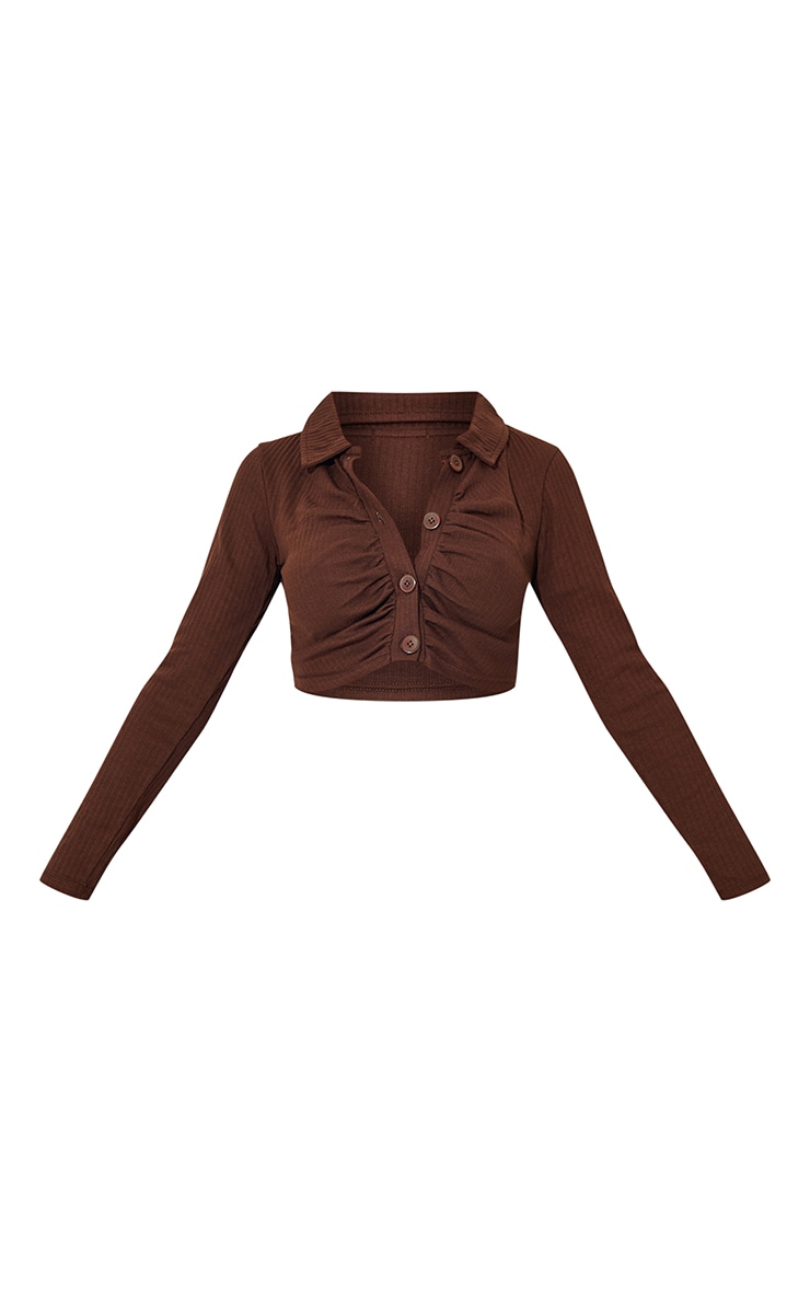 Chocolate Brown Heavy Rib Button Front Ruched Long Sleeve Crop Top image 5