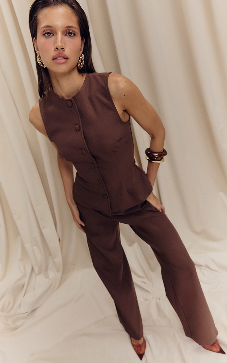 Chocolate Brown High Neck Vest Straight Leg Jumpsuit image 1