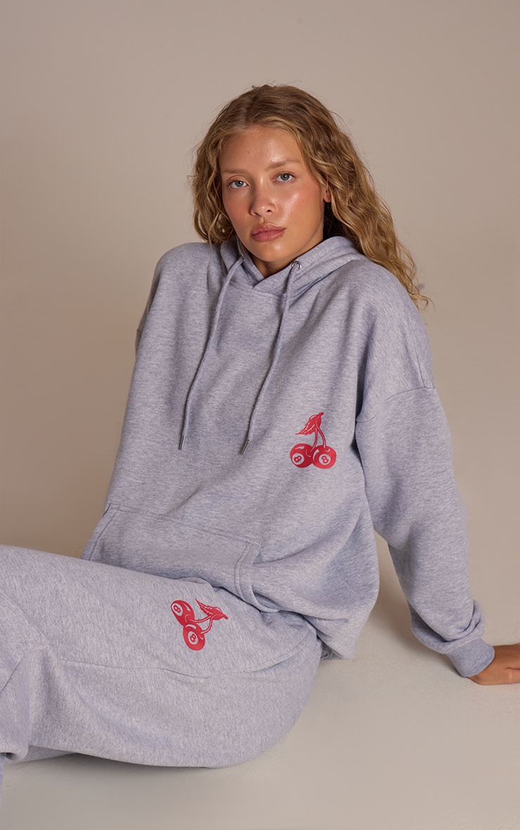 Grey Marl Cherry Print Oversized Hoodie image 1