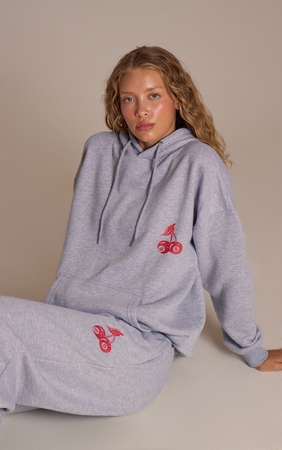 Grey Marl Cherry Print Oversized Hoodie