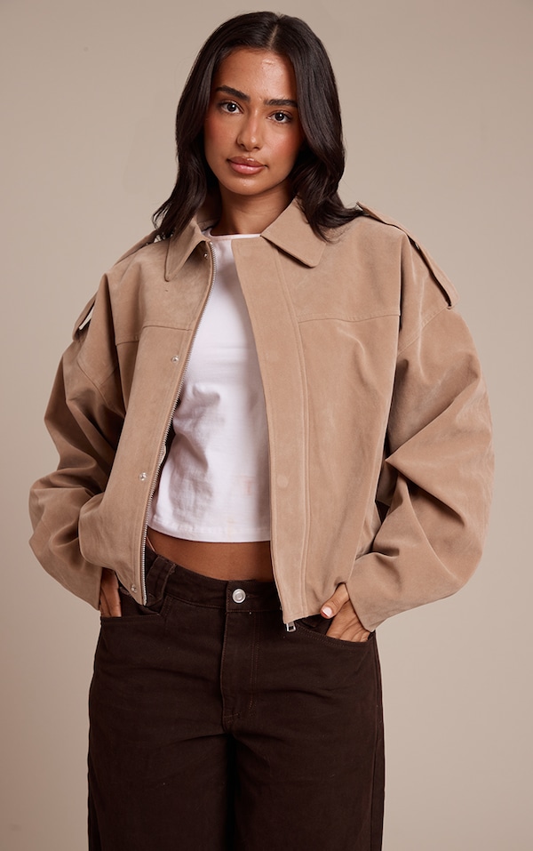 Petite Stone Faux Suede Oversized Zip Up Jacket