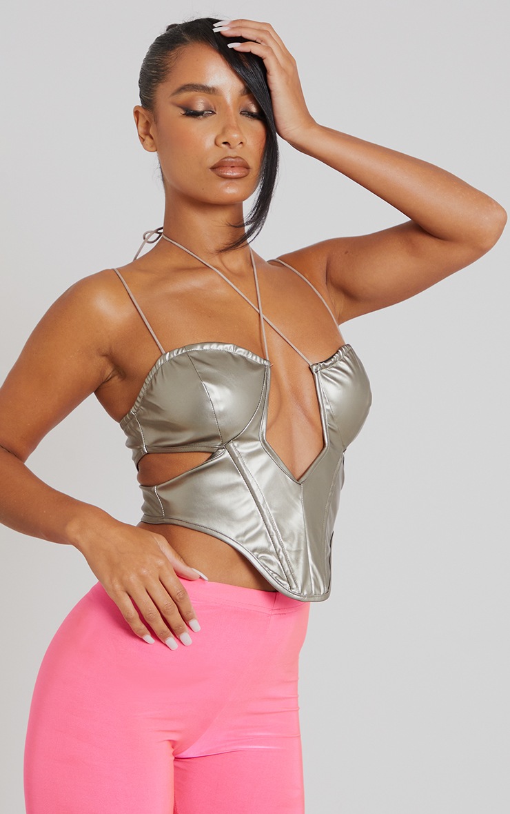 Silver Faux Leather Multi Cut Out Crop Top