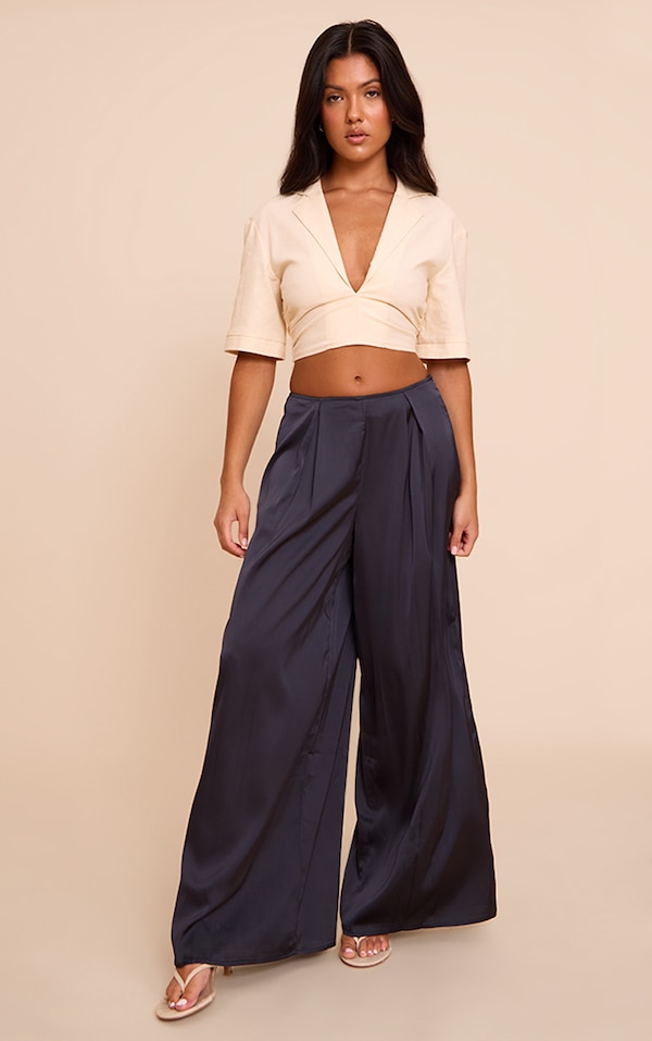 Navy Pleated Satin Wide Leg Pants