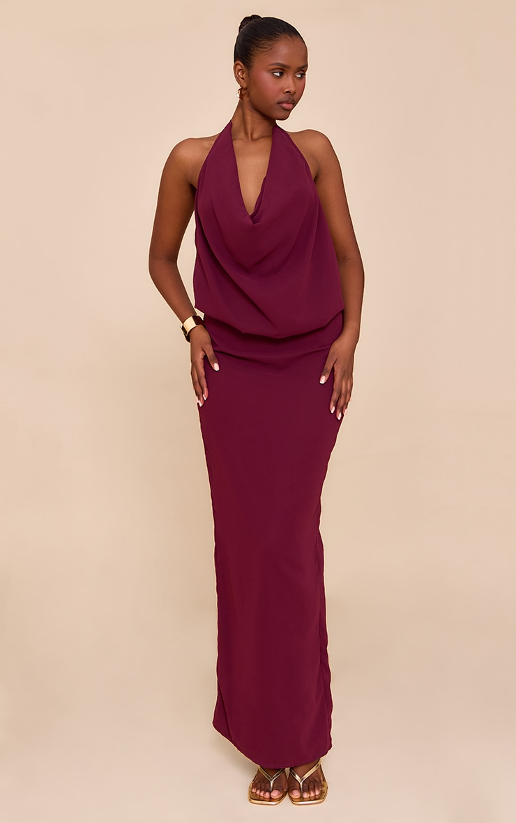 Plum Chiffon Halterneck Cowl Maxi Dress image 3
