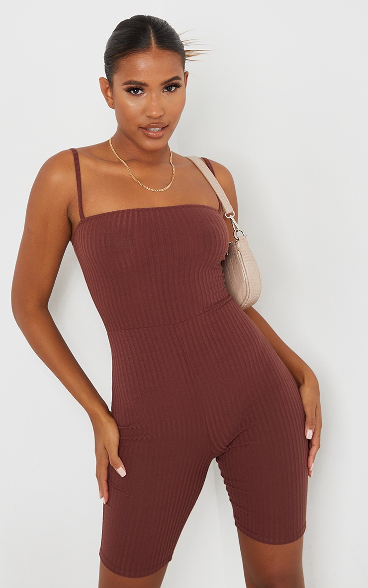 Chocolate Ribbed Strappy Unitard