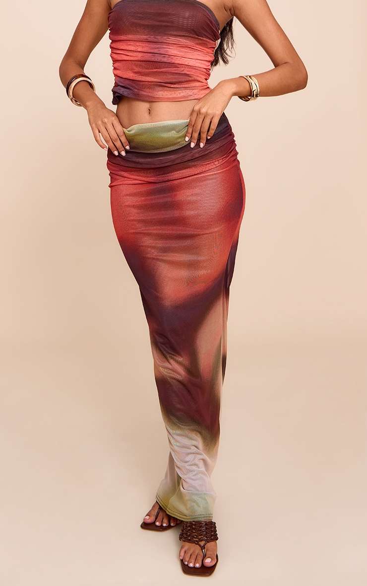 Orange Abstract Print Chiffon Mesh Maxi Skirt image 2