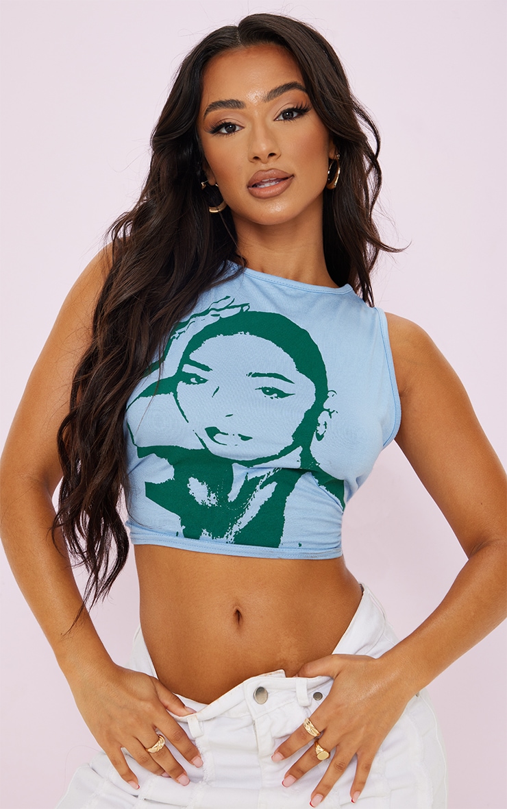 Petite Baby Blue Face Print Sleeveless Crop Top