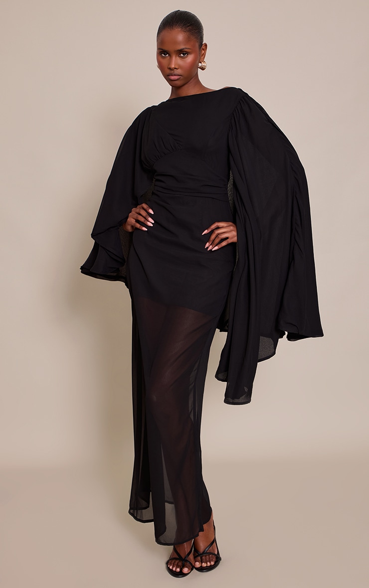 Black Chiffon Cape Detail Maxi Dress image 1