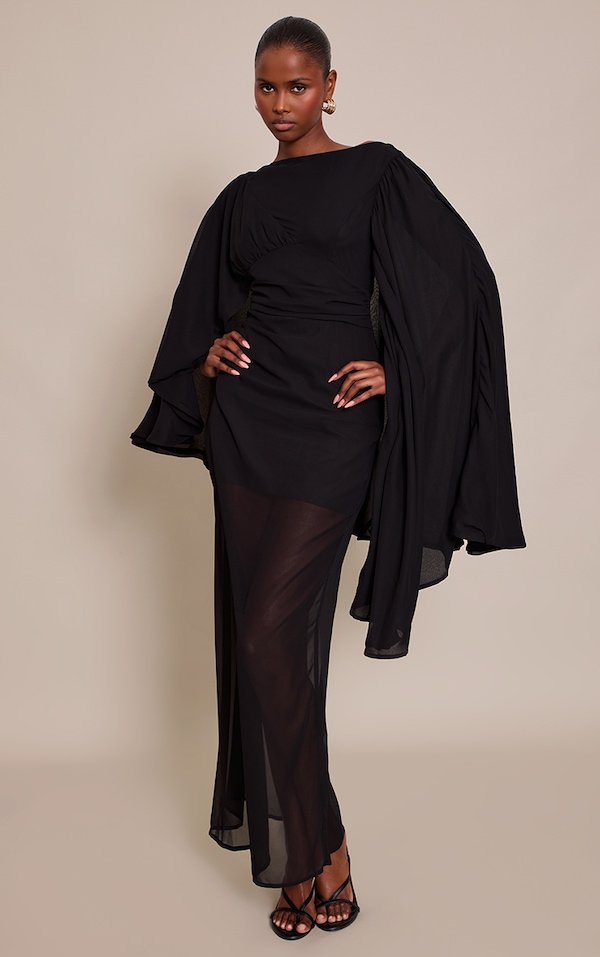 Black Chiffon Cape Detail Maxi Dress