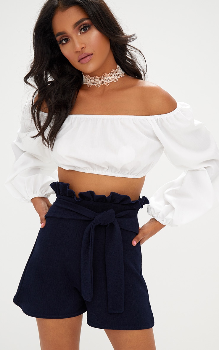 navy paper bag shorts