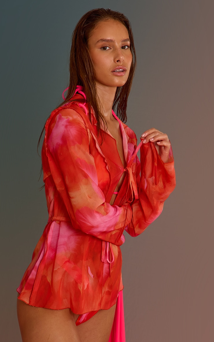 Orange Ombre Print Long Sleeve Tie Front Beach Shirt image 1