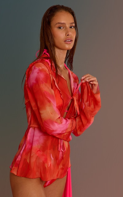 Orange Ombre Print Long Sleeve Tie Front Beach Shirt