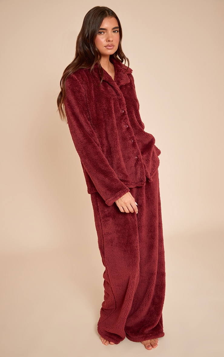 Burgundy Button Up Fleece Pajama Set image 3