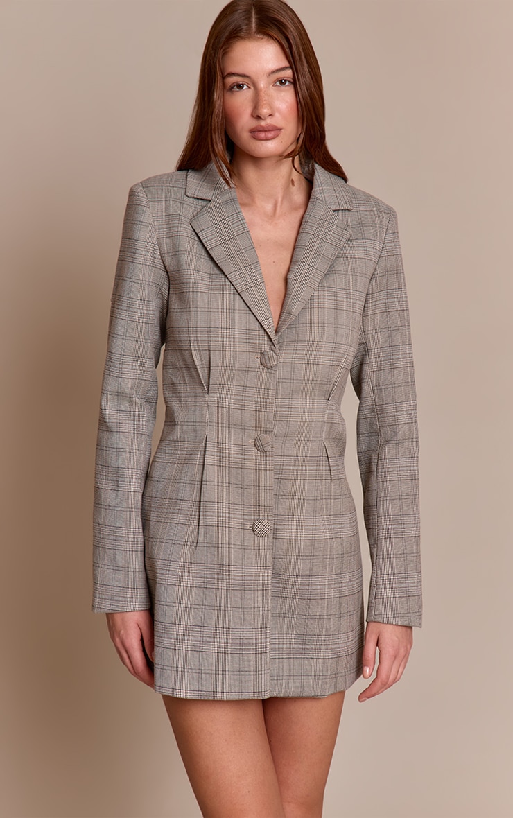 Grey Woven Check Cinched Waist Long Sleeve Blazer Dress image 1