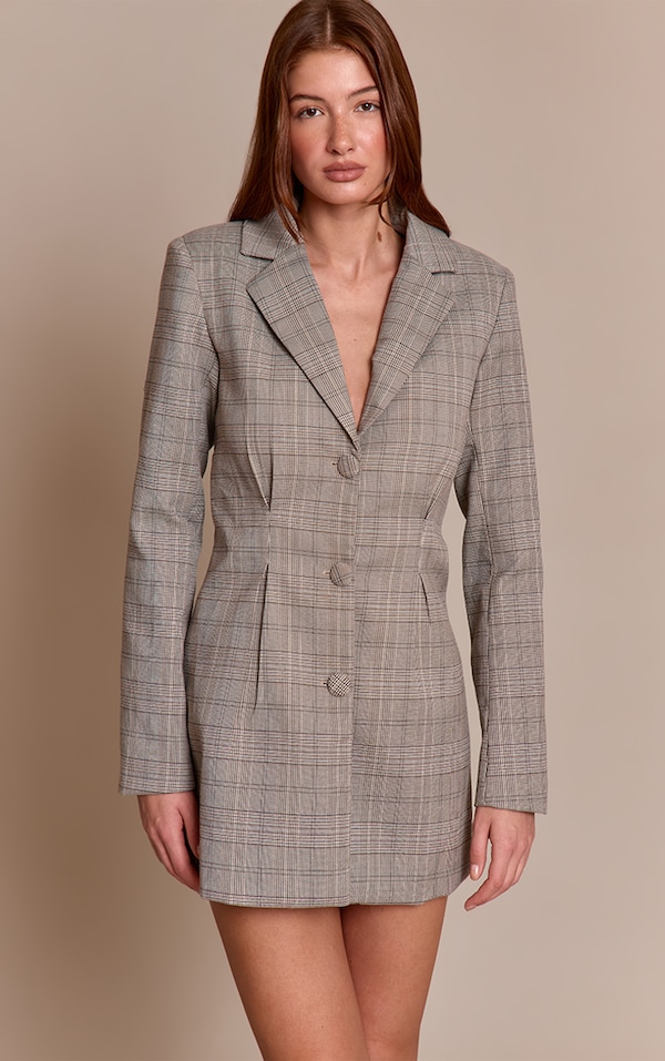Grey Woven Check Cinched Waist Long Sleeve Blazer Dress