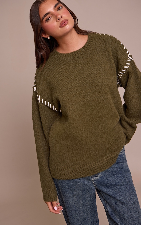 Pull en maille tricot kaki à coutures point droit