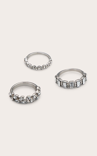 Silver Diamante Baguette 3 Pack Ring Set
