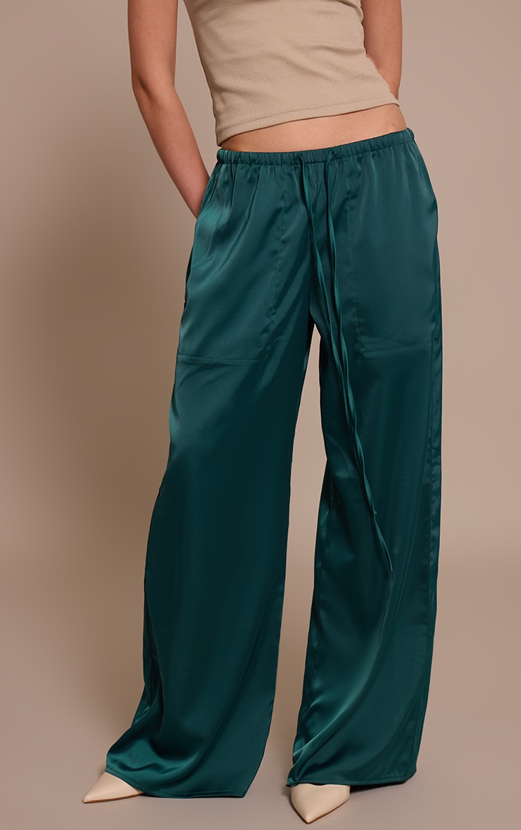 Emerald Green Satin Low Rise Wide Leg Drawstring Pants image 2