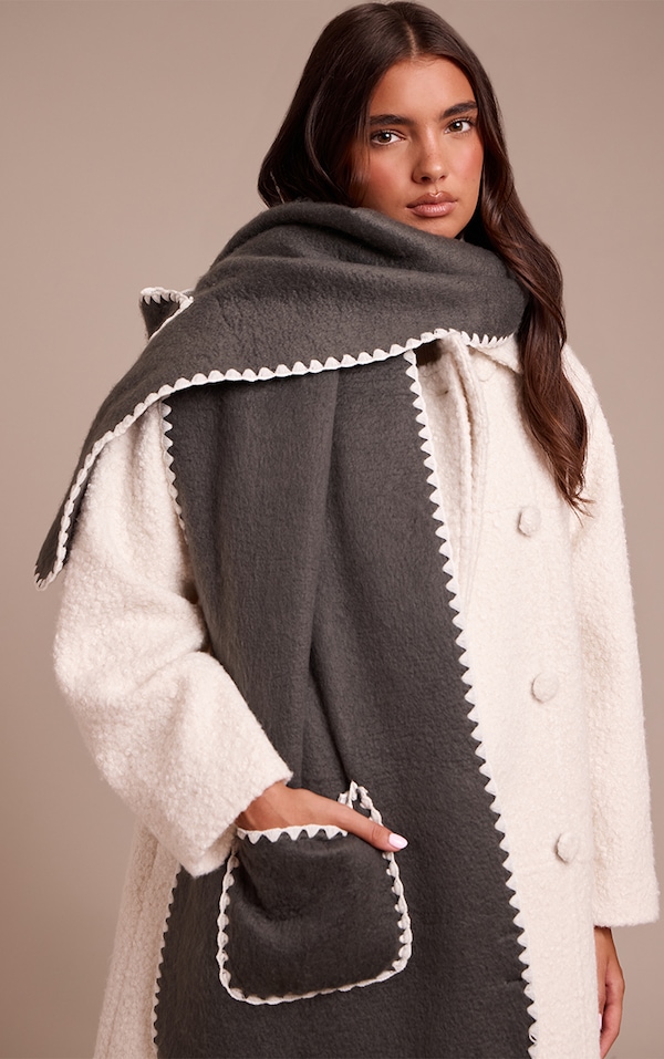 Charcoal Blanket Stitch Contrast Pocketed Scarf
