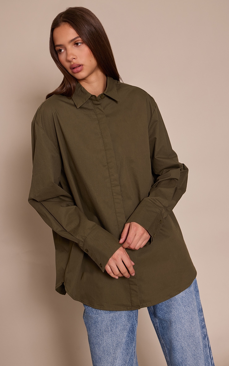 Dark Khaki Cotton Oversized Cuff Shirt image 1