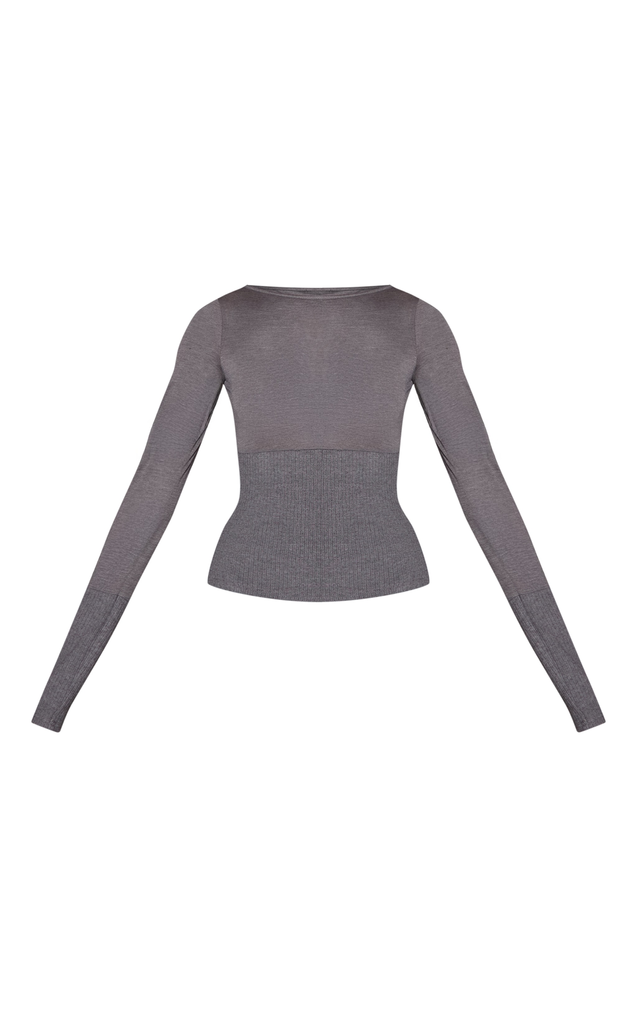 Grey Contrast Jersey Rib Long Sleeve Fitted Top image 5