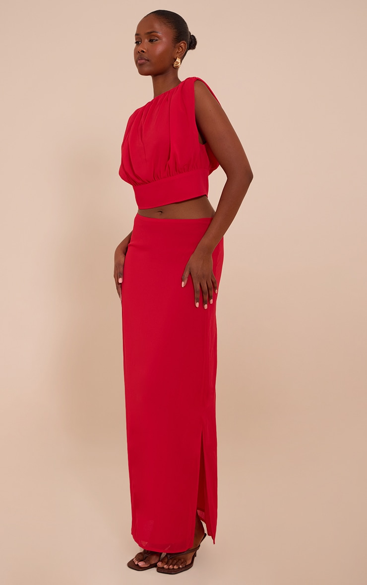 Tomato Red Chiffon Ruched Crop Top image 3
