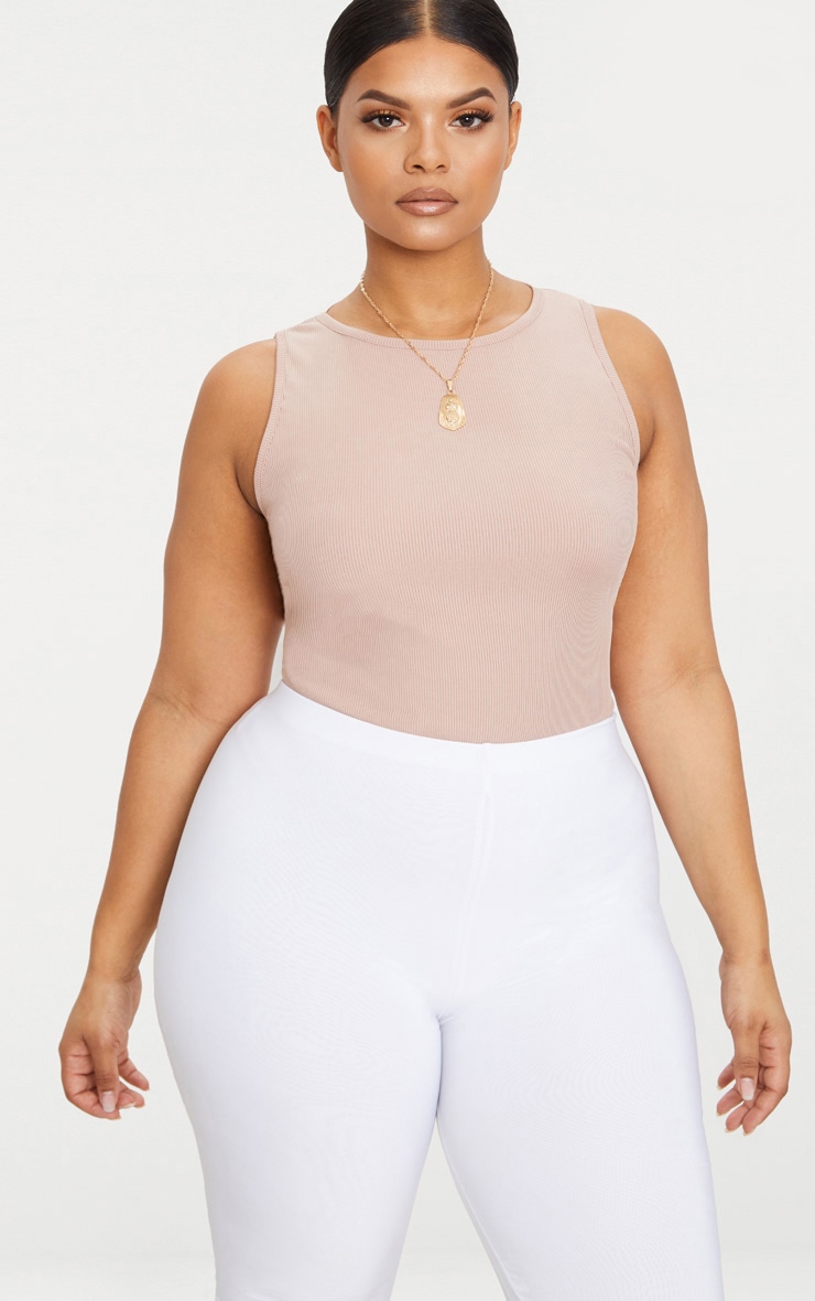 Plus Stone Ribbed Sleeveless Bodysuit. Shop The Range Of Plus Size Today At Prettylittlething