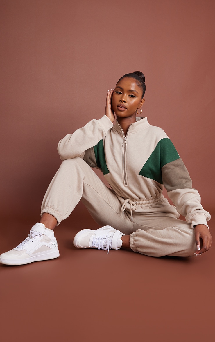 Stone Contrast Long Sleeve Oversized Sweat Jumpsuit PrettyLittleThing IRE