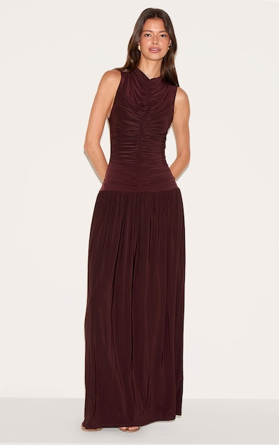 Chocolate Double Layer Soft Touch Drop Waist Ruched Maxi Dress