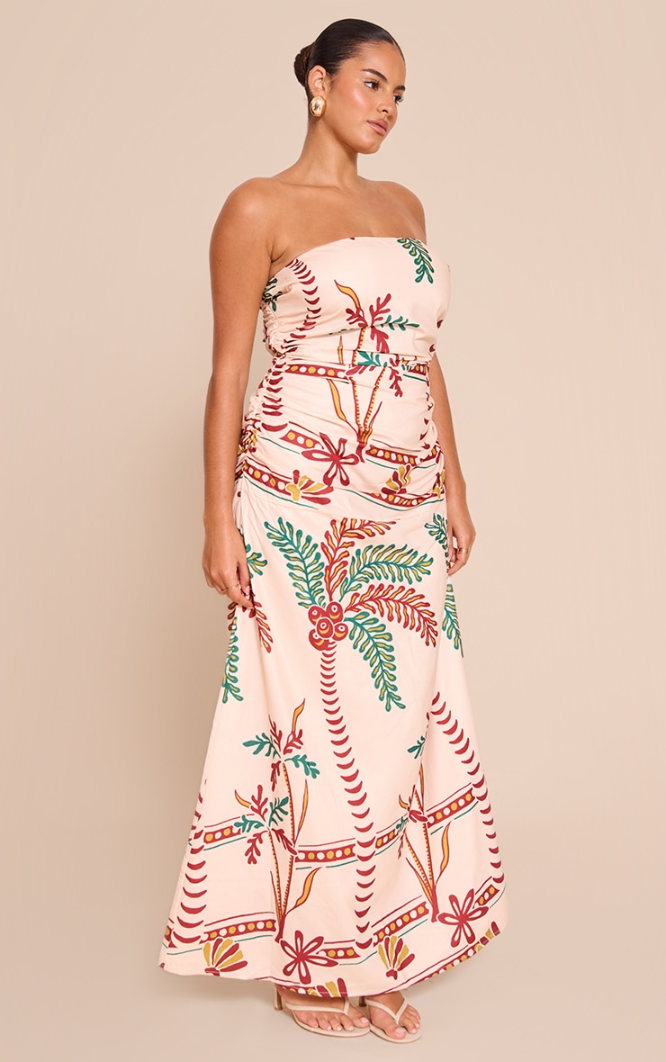 Plus Cream Printed Bandeau Ruched Detail Maxi Dress image 3