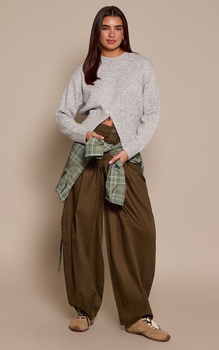 Light Grey Cinched Waist Zip Hem Knitted Jumper  image 3