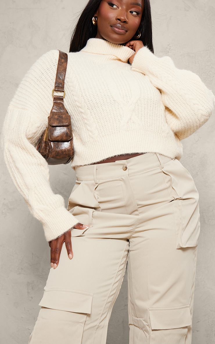 Plus Cream Soft Cable Knit Roll Neck Crop Jumper image 4