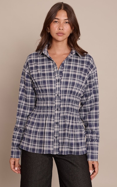 Blue Check Shirred Waist Shirt