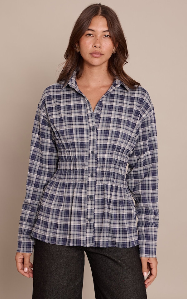 Blue Check Shirred Waist Shirt 