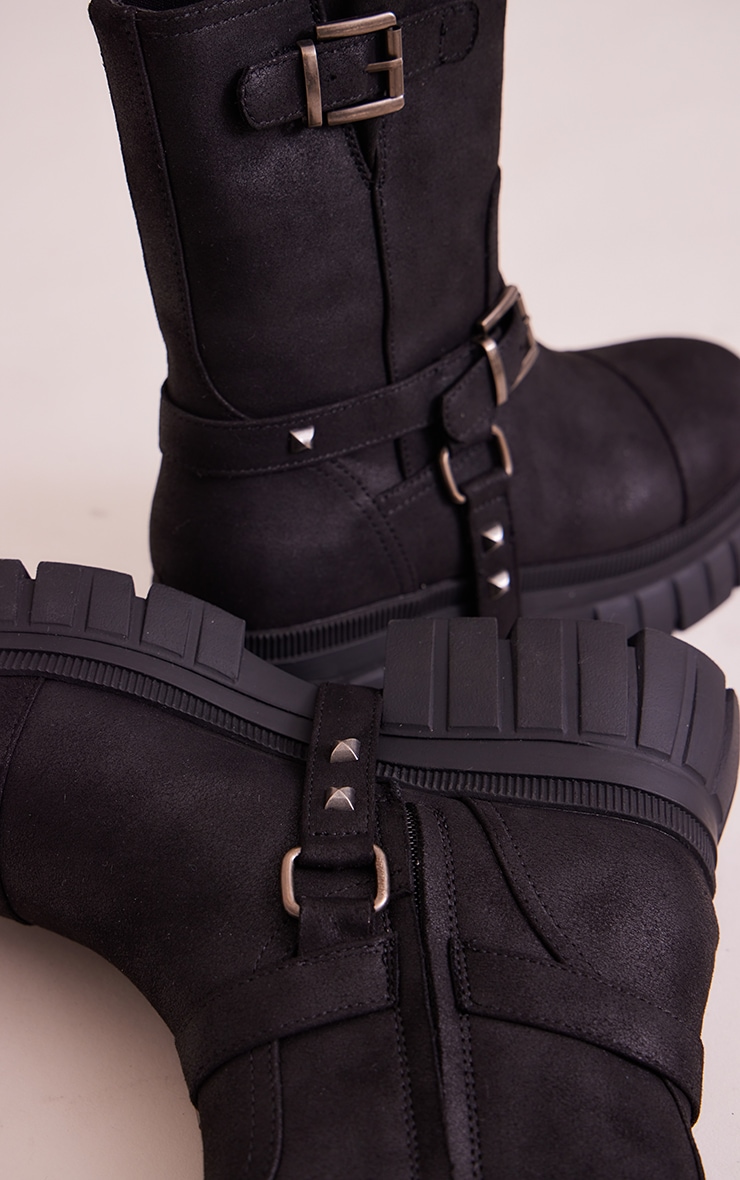 Black Faux Suede Round Toe Buckle Detail Chunky Platform Ankle Boots image 4