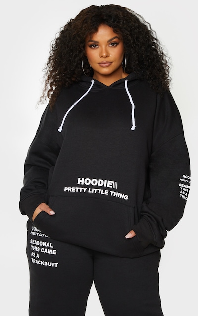 PRETTYLITTLETHING Plus Black Oversized Fit Slogan Printed Hoodie