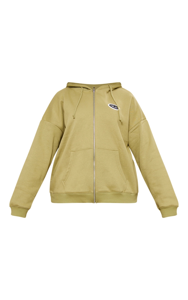 PRETTYLITTLETHING Plus Olive Logo Badge Oversized Zip Through Hoodie image 5