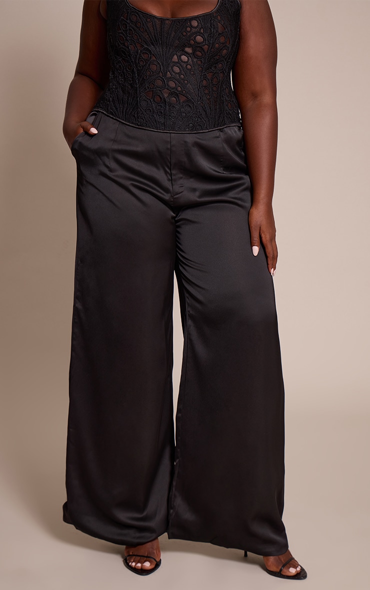 Plus Pantalon large satiné noir à taille haute image 2