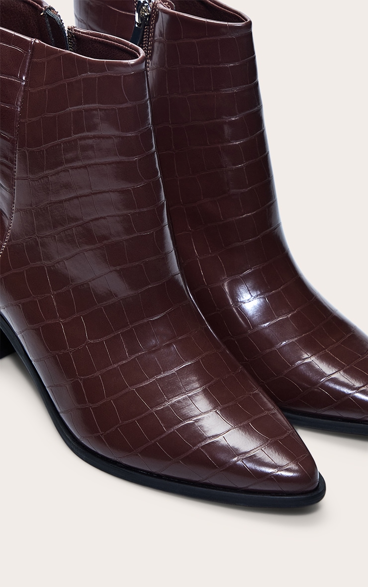 Chocolate Croc Pointed Toe Block Heel Ankle Boot image 5
