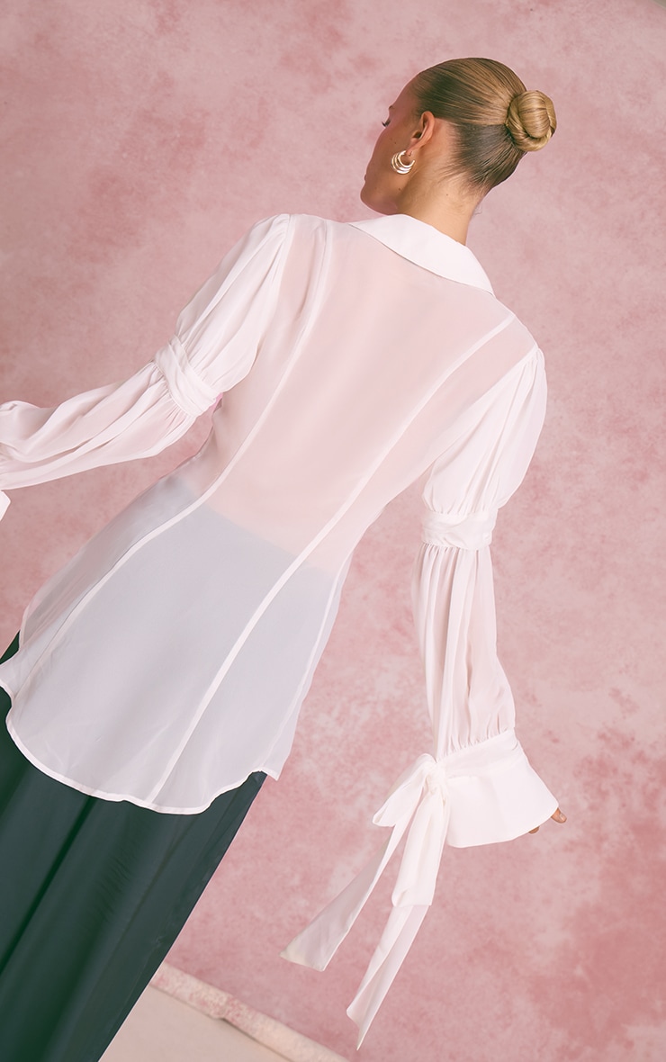 White Chiffon Lace Trim Detail Long Blouse image 2