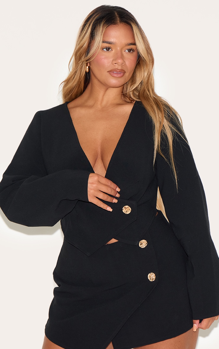 Shape Black Linen Look Asymmetrical Hammered Button Blazer image 4