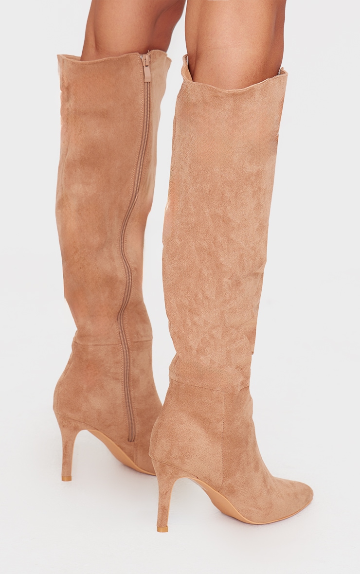 Tan Faux Suede Point Toe Ruched Knee High Stiletto Boots image 4