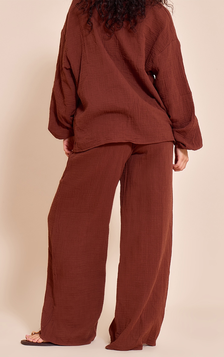 Dark Brown Cheesecloth Textured Wide Leg Pant image 3